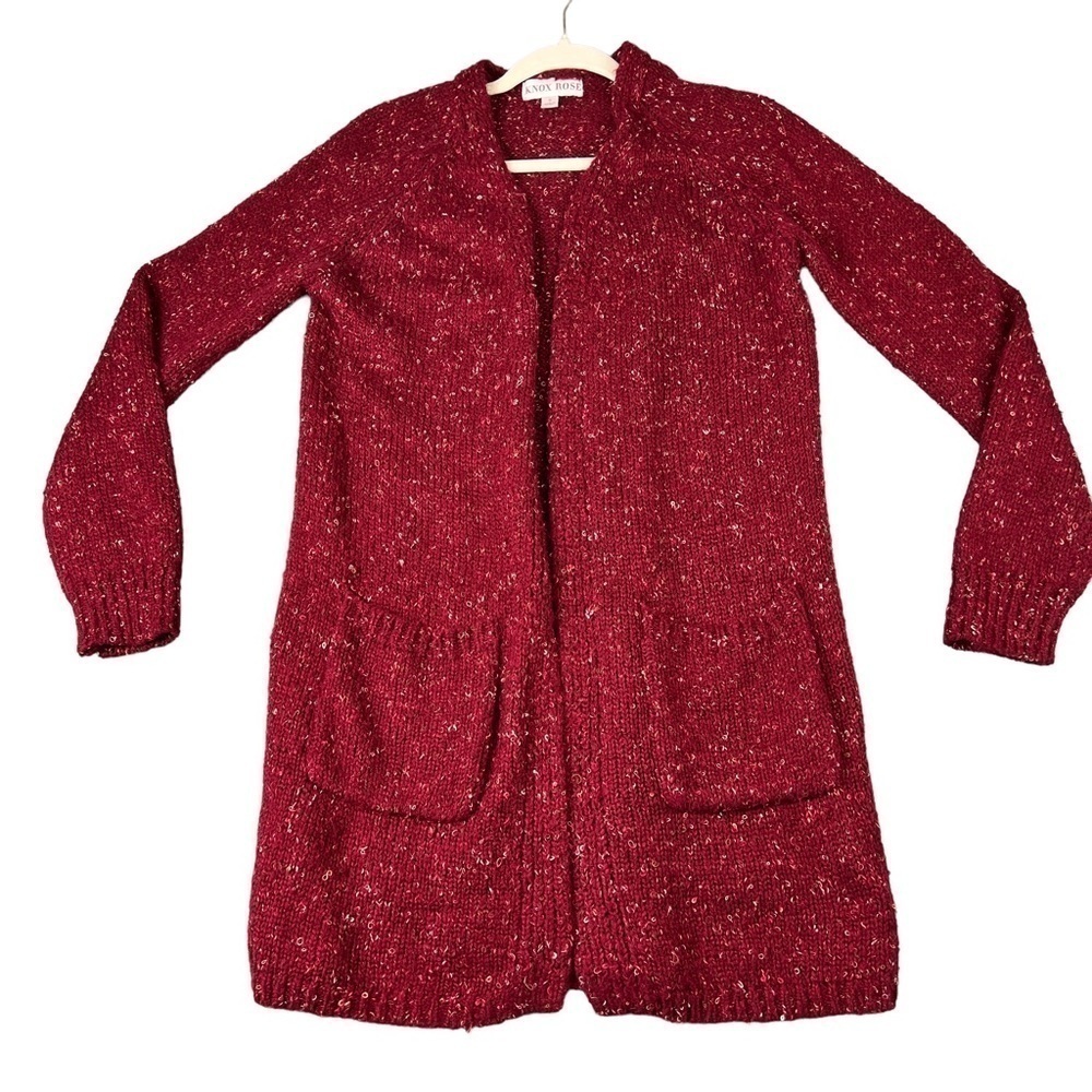 Knox Rose Open-Front Cardigan Over-Sized Long-Sleeve Marled Wine Size S